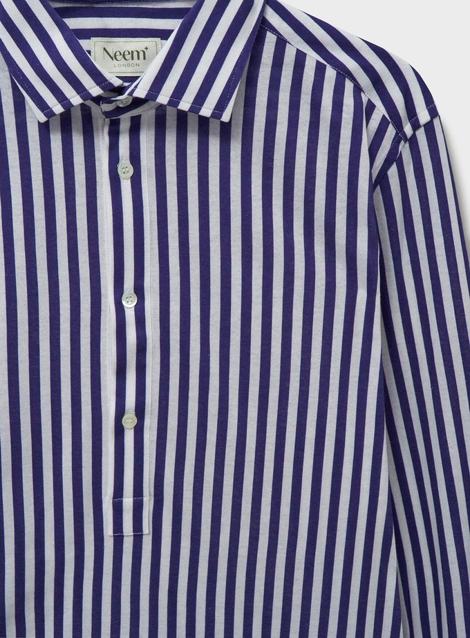 Neem Navy City Stripe Pop-Over Cut Away Men's Shirt from Neem London