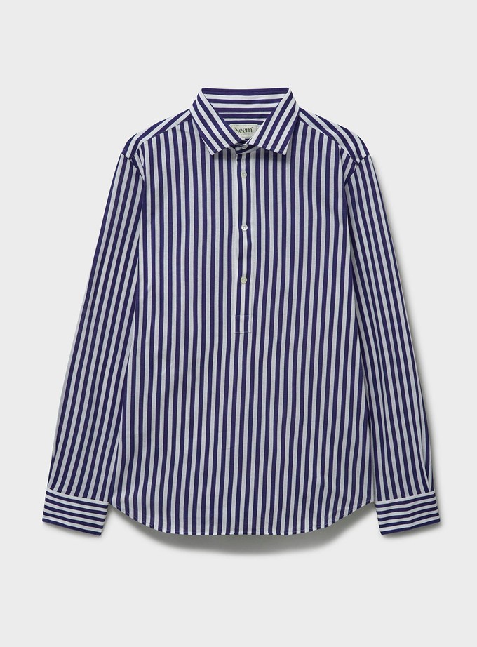 Neem Navy City Stripe Pop-Over Cut Away Men's Shirt from Neem London