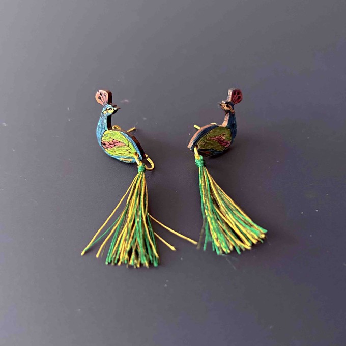 Peacock Tassel Calabash (Totumo) Earrings from Paguro Upcycle