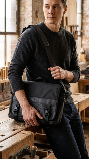 Nomad Voyager Recycled Rubber & Army Canvas Vegan Messenger Bag from Paguro Upcycle