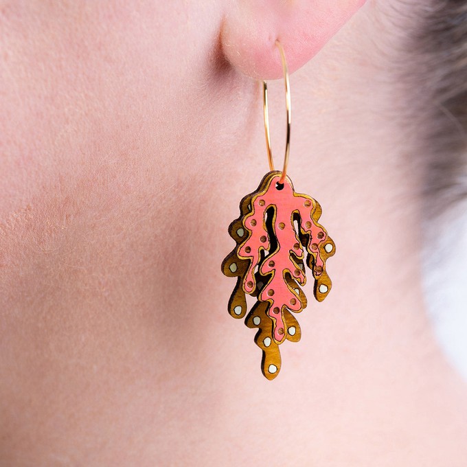 Coral Eco-friendly Recycled Wood & Gold Earrings from Paguro Upcycle