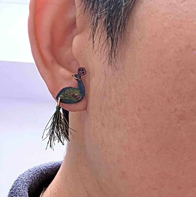 Peacock Tassel Calabash (Totumo) Earrings from Paguro Upcycle
