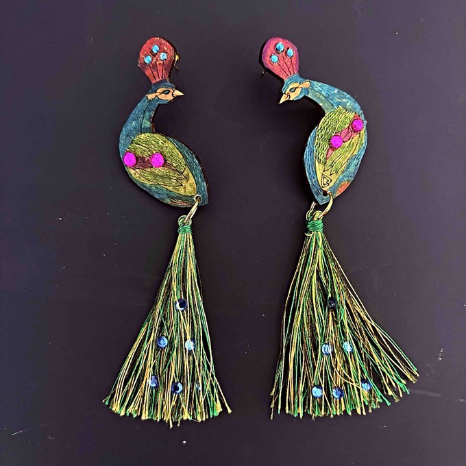 Peacock Tassel Calabash (Totumo) Earrings from Paguro Upcycle