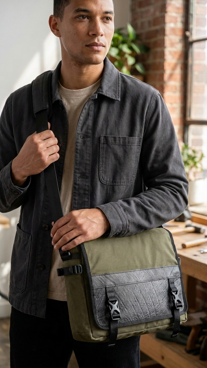 Nomad Voyager Recycled Rubber & Army Canvas Vegan Messenger Bag from Paguro Upcycle