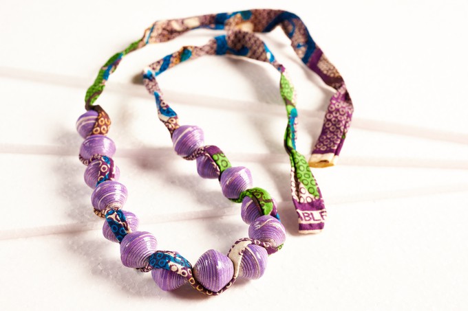 Paper bead necklace with African fabric ribbon "Songky Cloth" from PEARLS OF AFRICA