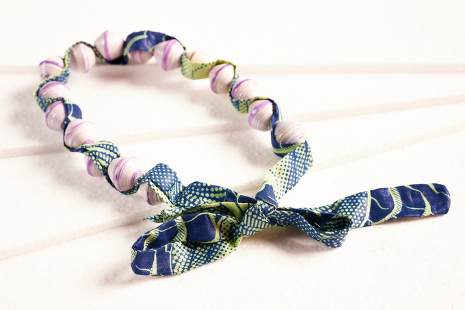 Paper bead necklace with African fabric ribbon "Songky Cloth" from PEARLS OF AFRICA