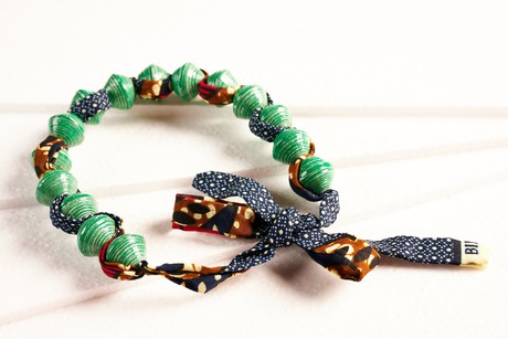 Paper bead necklace with African fabric ribbon "Songky Cloth" from PEARLS OF AFRICA