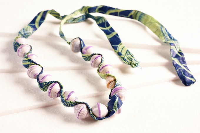 Paper bead necklace with African fabric ribbon "Songky Cloth" from PEARLS OF AFRICA