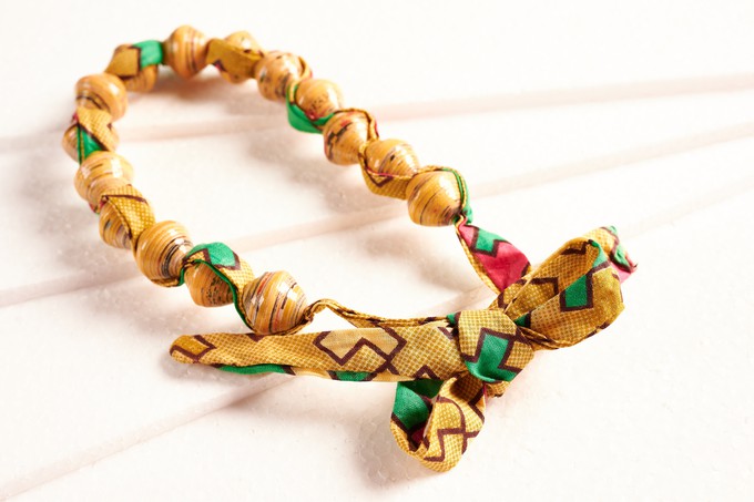 Paper bead necklace with African fabric ribbon "Songky Cloth" from PEARLS OF AFRICA
