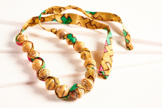 Paper bead necklace with African fabric ribbon "Songky Cloth" from PEARLS OF AFRICA