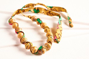Paper bead necklace with African fabric ribbon "Songky Cloth" from PEARLS OF AFRICA