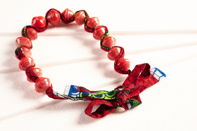 Paper bead necklace with African fabric ribbon "Songky Cloth" from PEARLS OF AFRICA