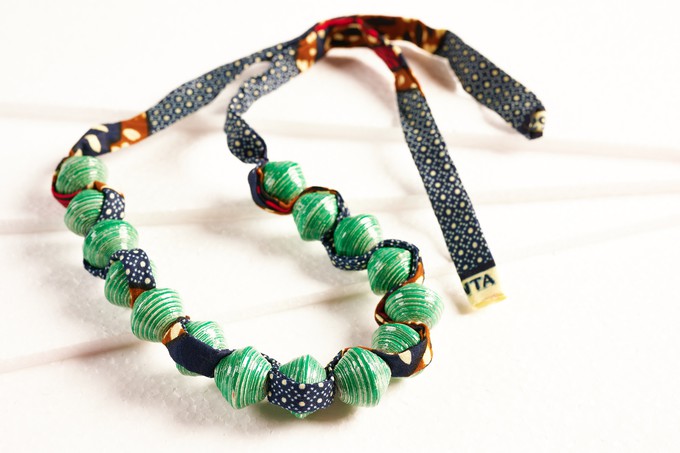 Paper bead necklace with African fabric ribbon "Songky Cloth" from PEARLS OF AFRICA