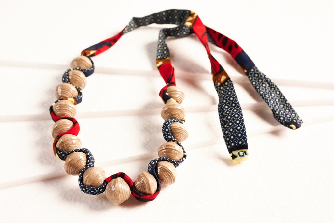 Paper bead necklace with African fabric ribbon "Songky Cloth" from PEARLS OF AFRICA