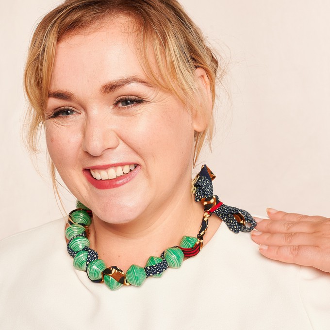 Paper bead necklace with African fabric ribbon "Songky Cloth" from PEARLS OF AFRICA