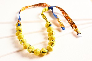 Paper bead necklace with African fabric ribbon "Songky Cloth" from PEARLS OF AFRICA