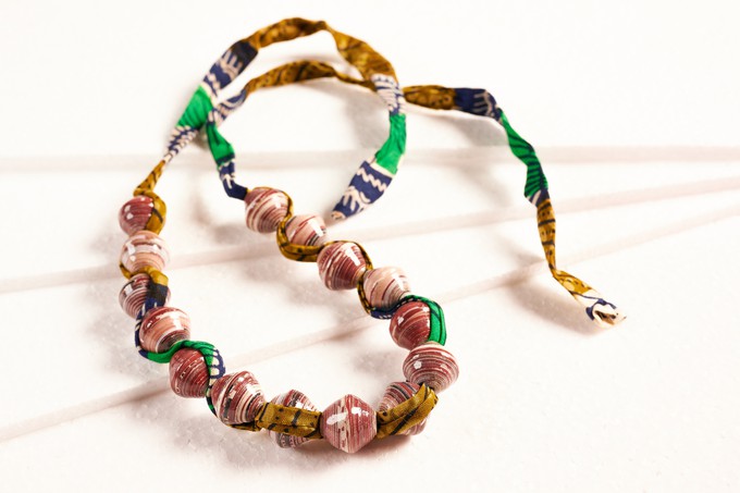 Paper bead necklace with African fabric ribbon "Songky Cloth" from PEARLS OF AFRICA