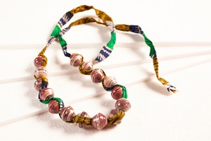 Paper bead necklace with African fabric ribbon "Songky Cloth" from PEARLS OF AFRICA