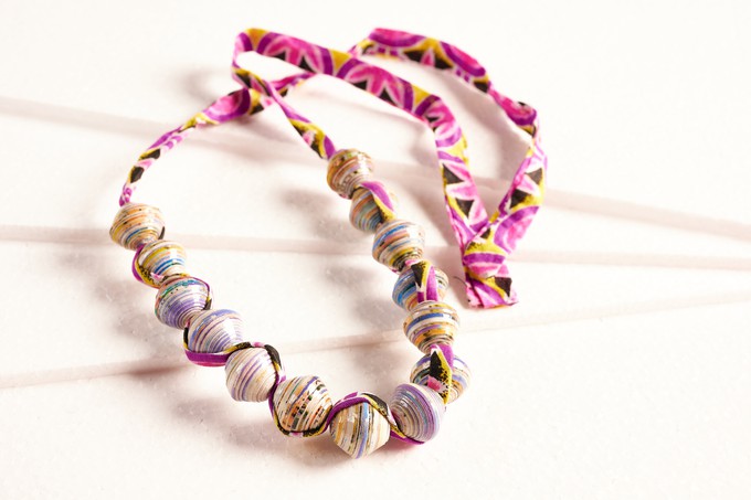 Paper bead necklace with African fabric ribbon "Songky Cloth" from PEARLS OF AFRICA