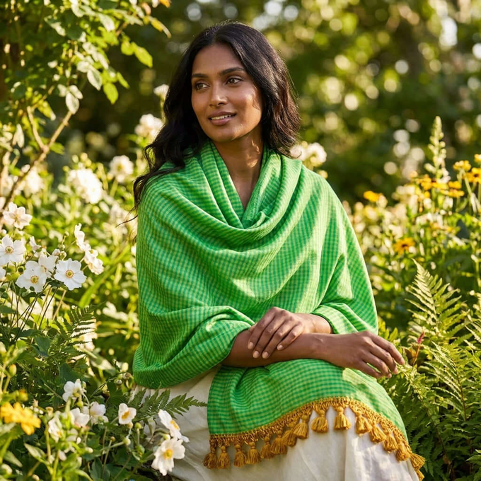 Green Lemon Shawl - Extra Large Woven Fair Trade Plaid Wrap from Quetzal Artisan