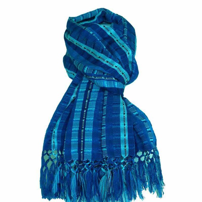 Scarf Blues with Fringes - Handmade-  Beautiful and Fair from Quetzal Artisan