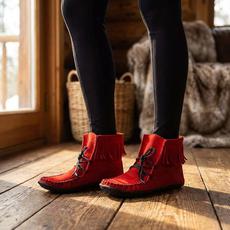 Red Short Boots - Women Native Canadian Fringed Ankle Boots via Quetzal Artisan