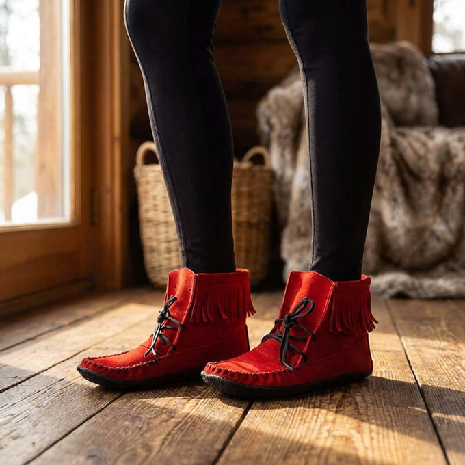 Red Short Boots - Women Native Canadian Fringed Ankle Boots from Quetzal Artisan