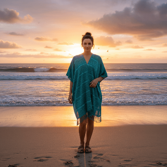 Aquamarine Summer Poncho - Natural Dyed Cotton Tunic from Quetzal Artisan