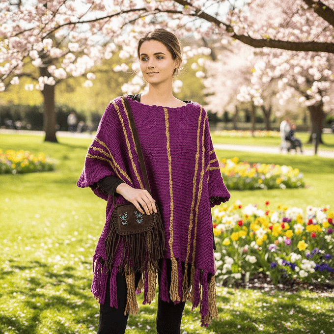 Plum Purple Poncho - Boho Fringed Wool Pullover for Women from Quetzal Artisan