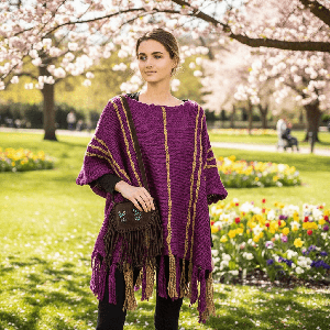 Plum Purple Poncho - Boho Fringed Wool Pullover for Women from Quetzal Artisan