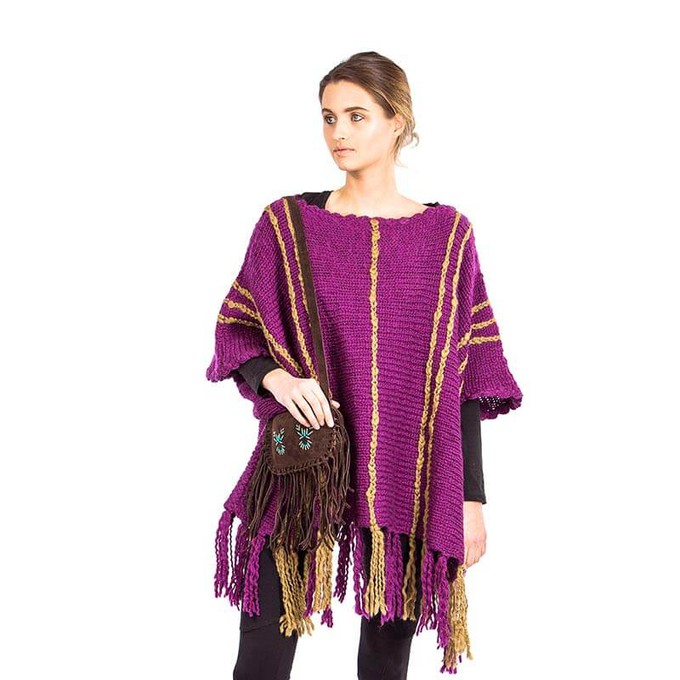 Plum Purple Poncho - Boho Fringed Wool Pullover for Women from Quetzal Artisan