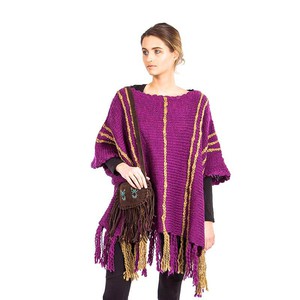 Plum Purple Poncho - Boho Fringed Wool Pullover for Women from Quetzal Artisan