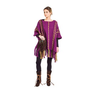Plum Purple Poncho - Boho Fringed Wool Pullover for Women from Quetzal Artisan