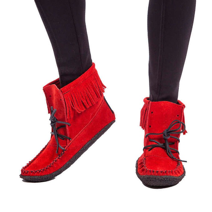 Red Short Boots - Women Native Canadian Fringed Ankle Boots from Quetzal Artisan