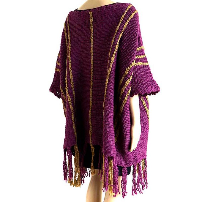 Plum Purple Poncho - Boho Fringed Wool Pullover for Women from Quetzal Artisan