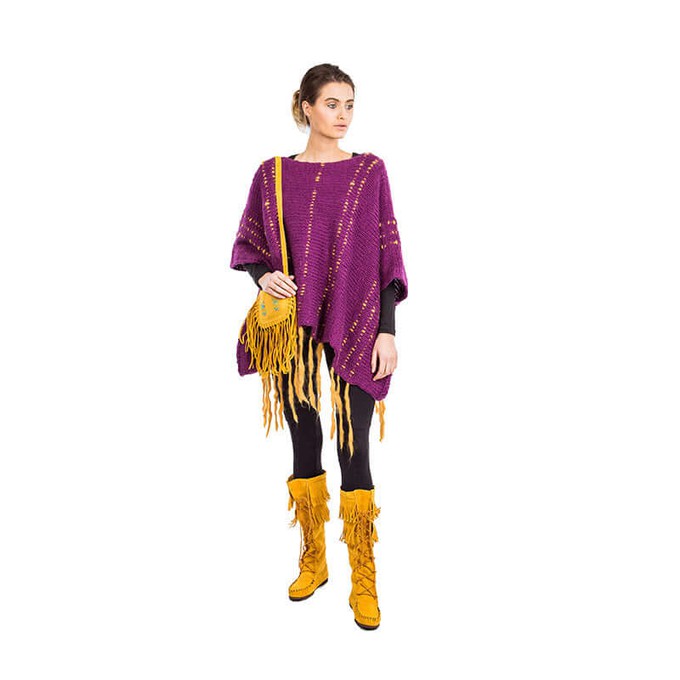 Poncho Plum Purple - Women Fringed Organic Wool Pullover from Quetzal Artisan