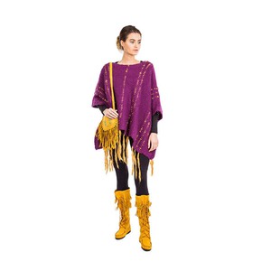 Poncho Plum Purple - Women Fringed Organic Wool Pullover from Quetzal Artisan