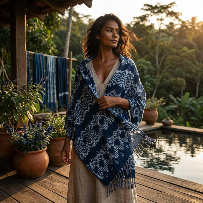 Blue Indigo Forest Shawl | Tie Dyed Eco-Friendly Scarf from Quetzal Artisan