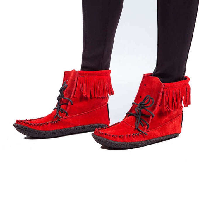 Red Short Boots - Women Native Canadian Fringed Ankle Boots from Quetzal Artisan
