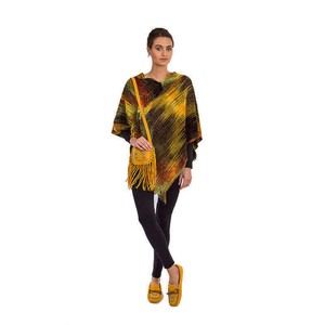 Poncho Yellow Brown - Women Organic Bamboo Pullover Poncho from Quetzal Artisan