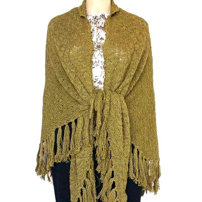 Green Olive Triangle Shawl - Long Lightweight Alpaca Poncho from Quetzal Artisan
