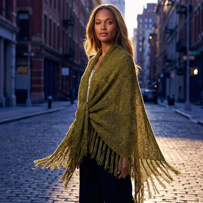 Green Olive Triangle Shawl - Long Lightweight Alpaca Poncho from Quetzal Artisan