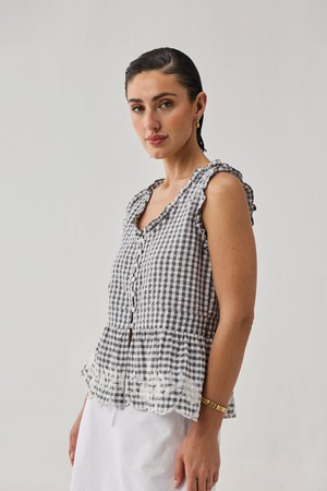 Embroidered Peplum Top in Grey Check from Reistor