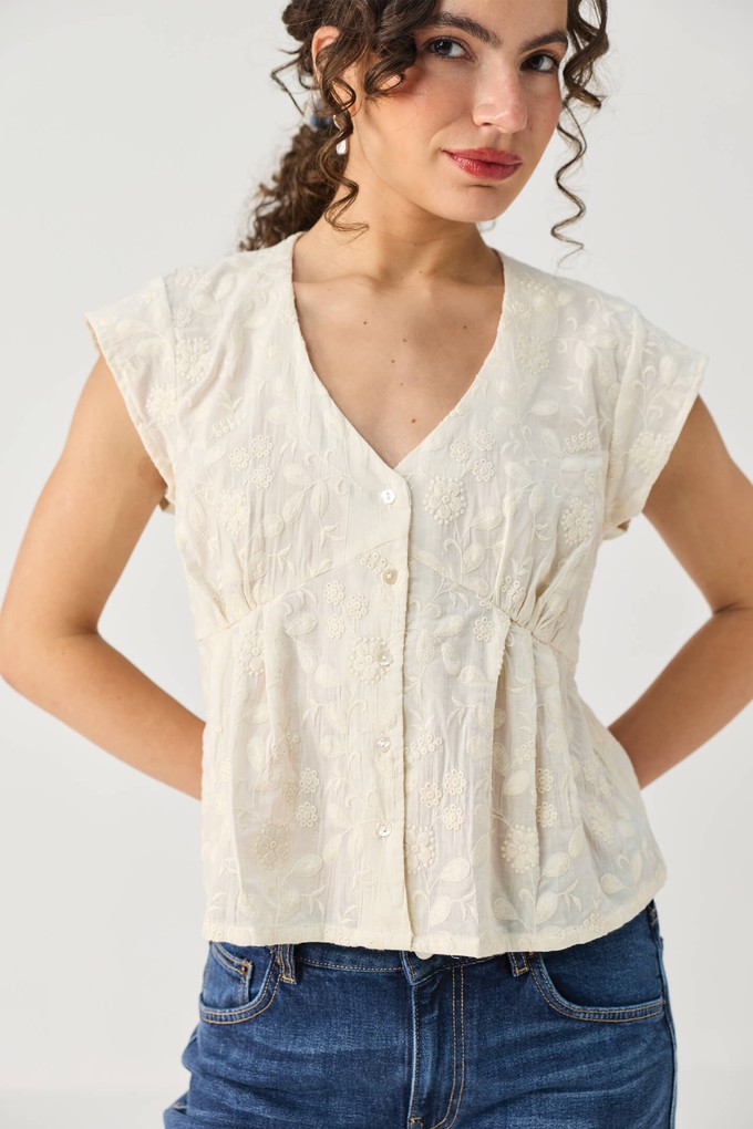 Embroidered Deep V Neck Top in Cream from Reistor