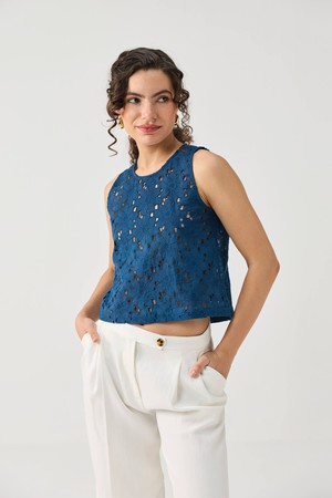 The Embroidered Button Back Top in Blue from Reistor