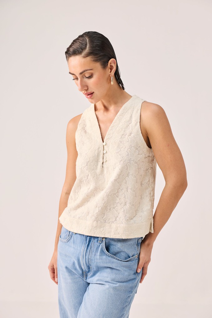Embroidered Button Front Neck Top in Cream from Reistor