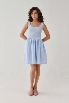 Smocked Short Dress in Blue Stripes via Reistor