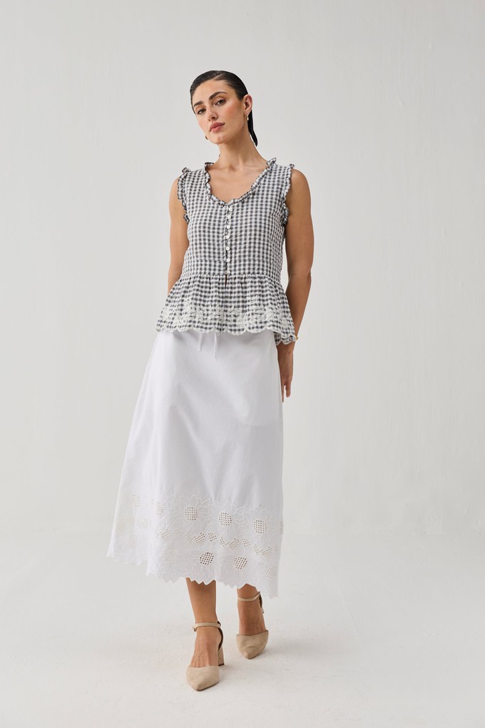 Embroidered Peplum Top in Grey Check from Reistor