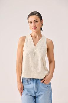 Embroidered Button Front Neck Top in Cream via Reistor