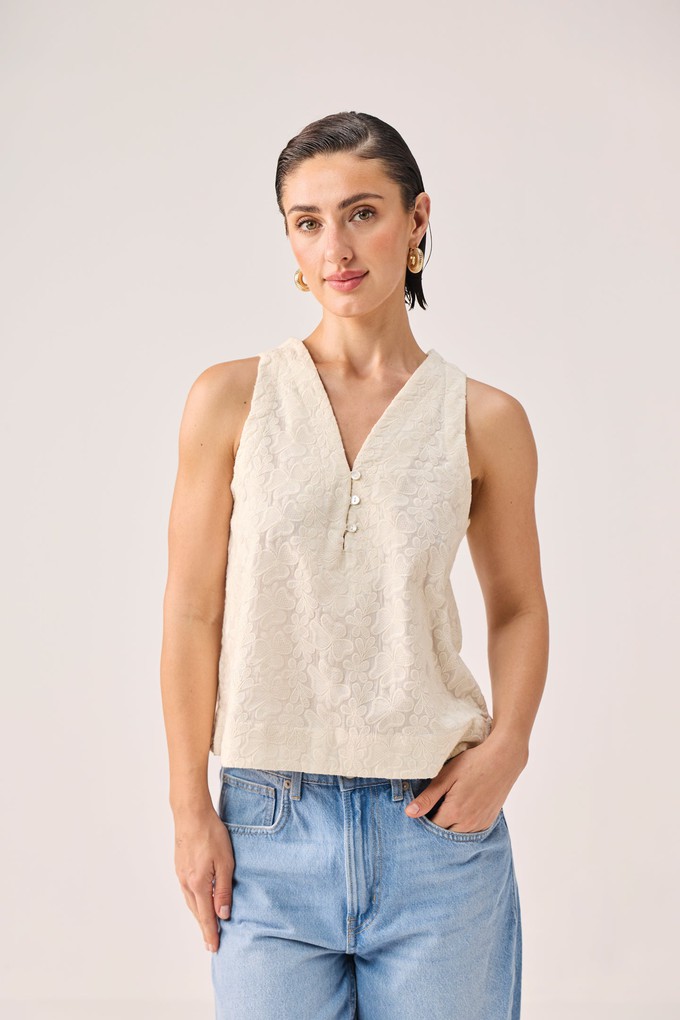 Embroidered Button Front Neck Top in Cream from Reistor